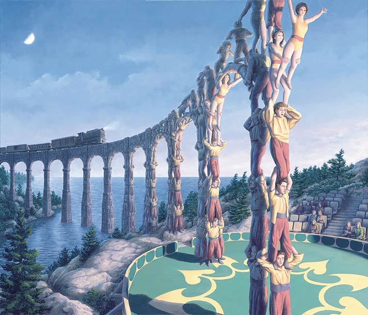 Illusion Robert Gonsalves aqueduc ou pyramide humaine de cirque