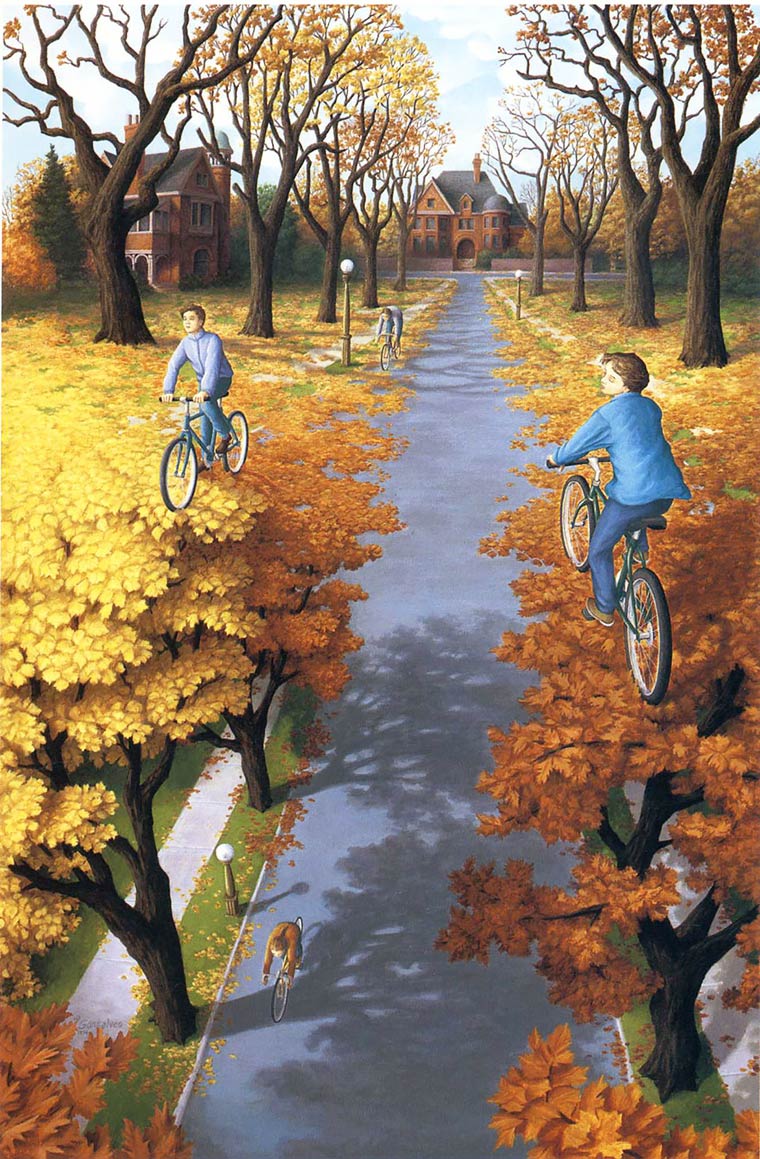 Illusion Robert Gonsalves des velos roulent sur des feuilles