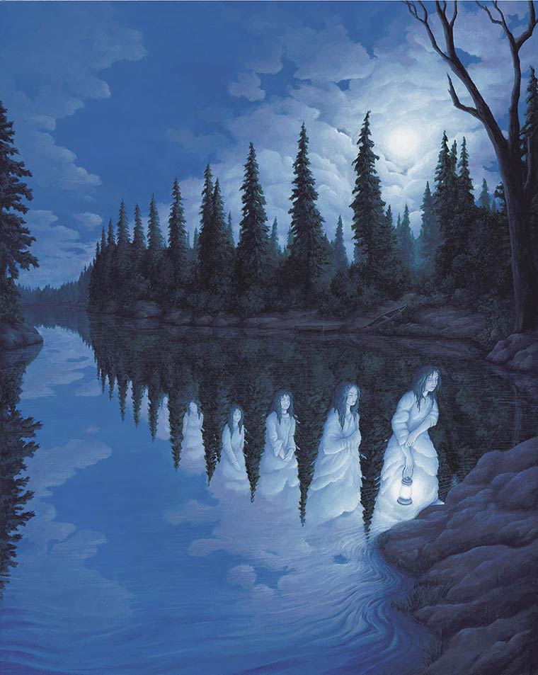 Illusion Robert Gonsalves riviere et reflexion de sapins ou femmes