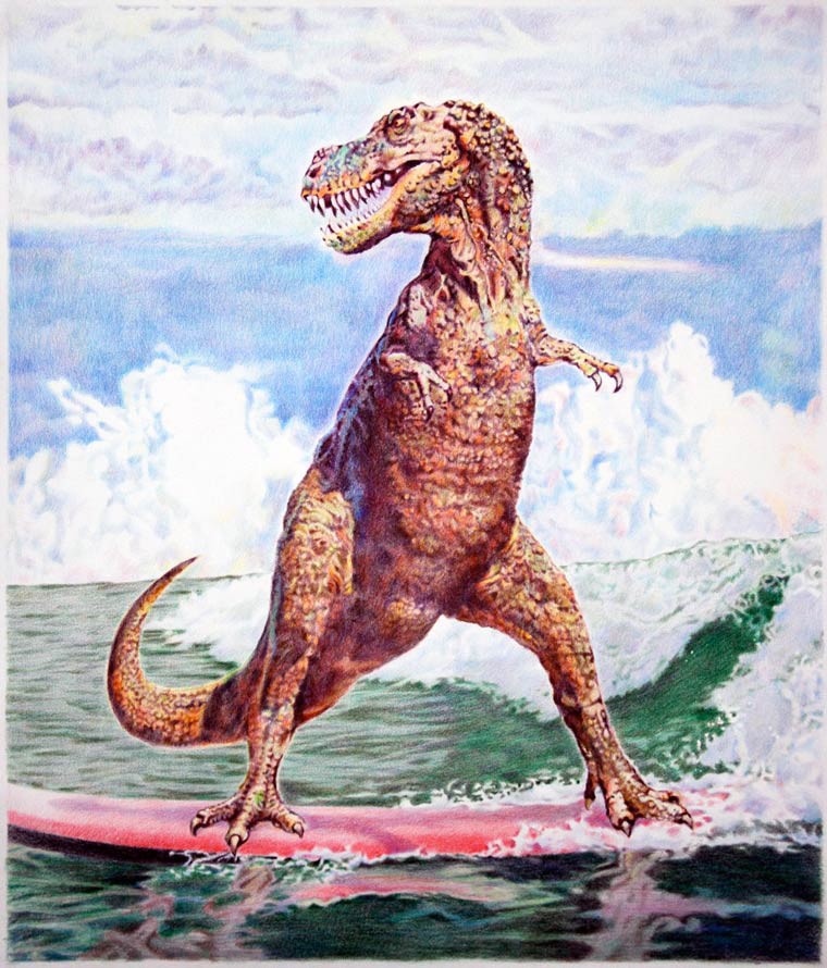 Eric Yahnker un dinosaure qui surf