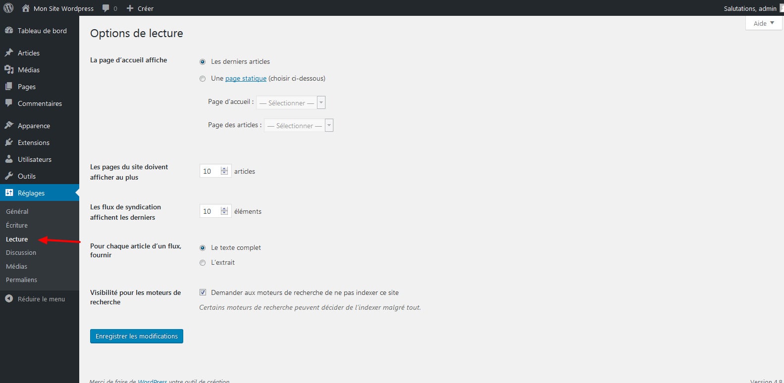 02 Modifier les parametres de lecture wordpress