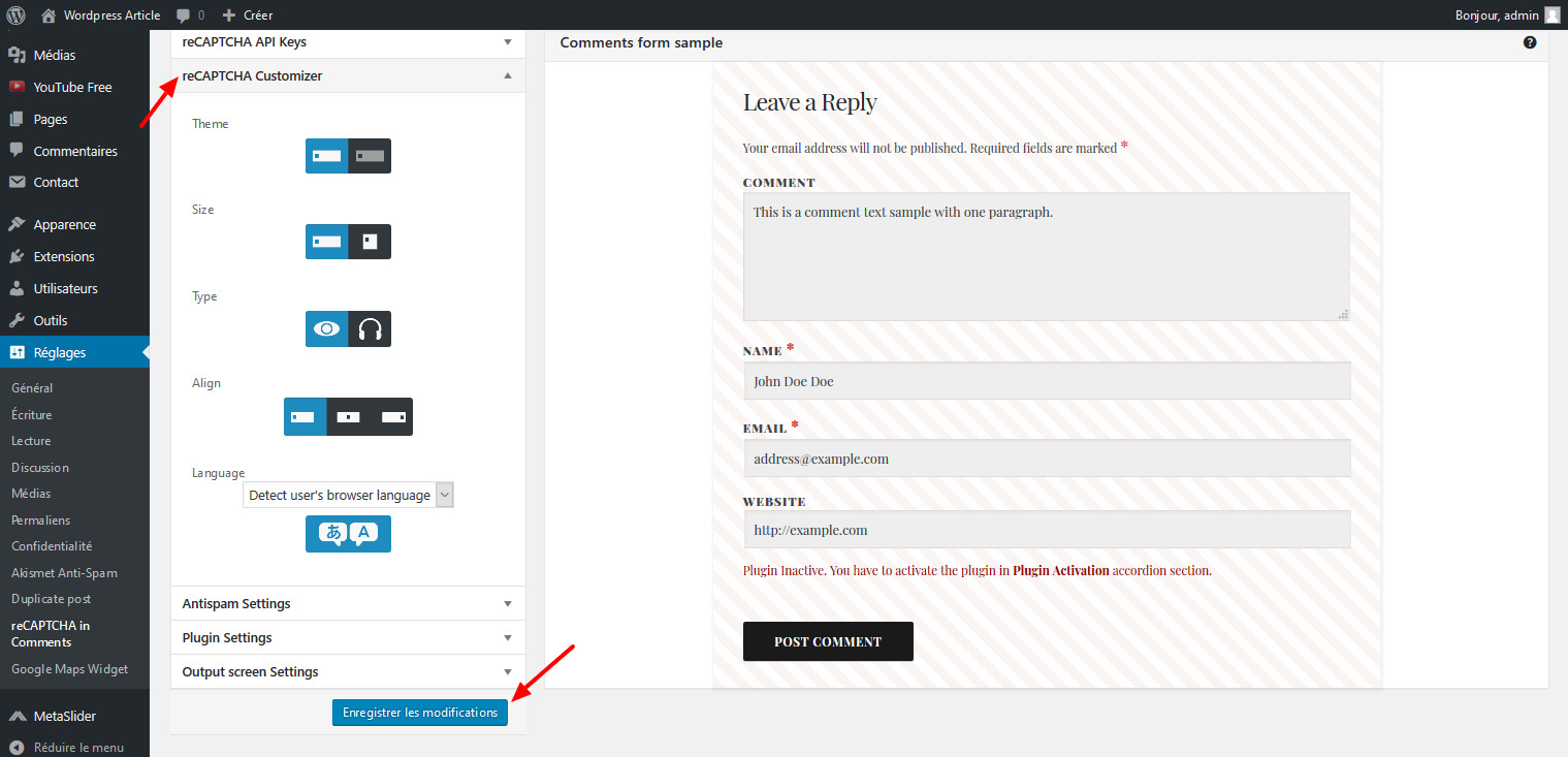 04 personnaliser activation google recaptcha wordpress